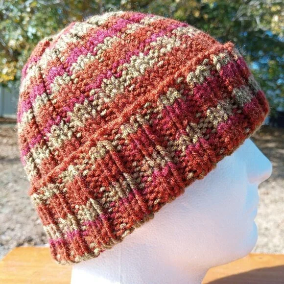 Mens Hipster Wide Cuff Beanie Hat Hand Knit Rib Acrylic Sailor Womens Autumn - Picture 4 of 11